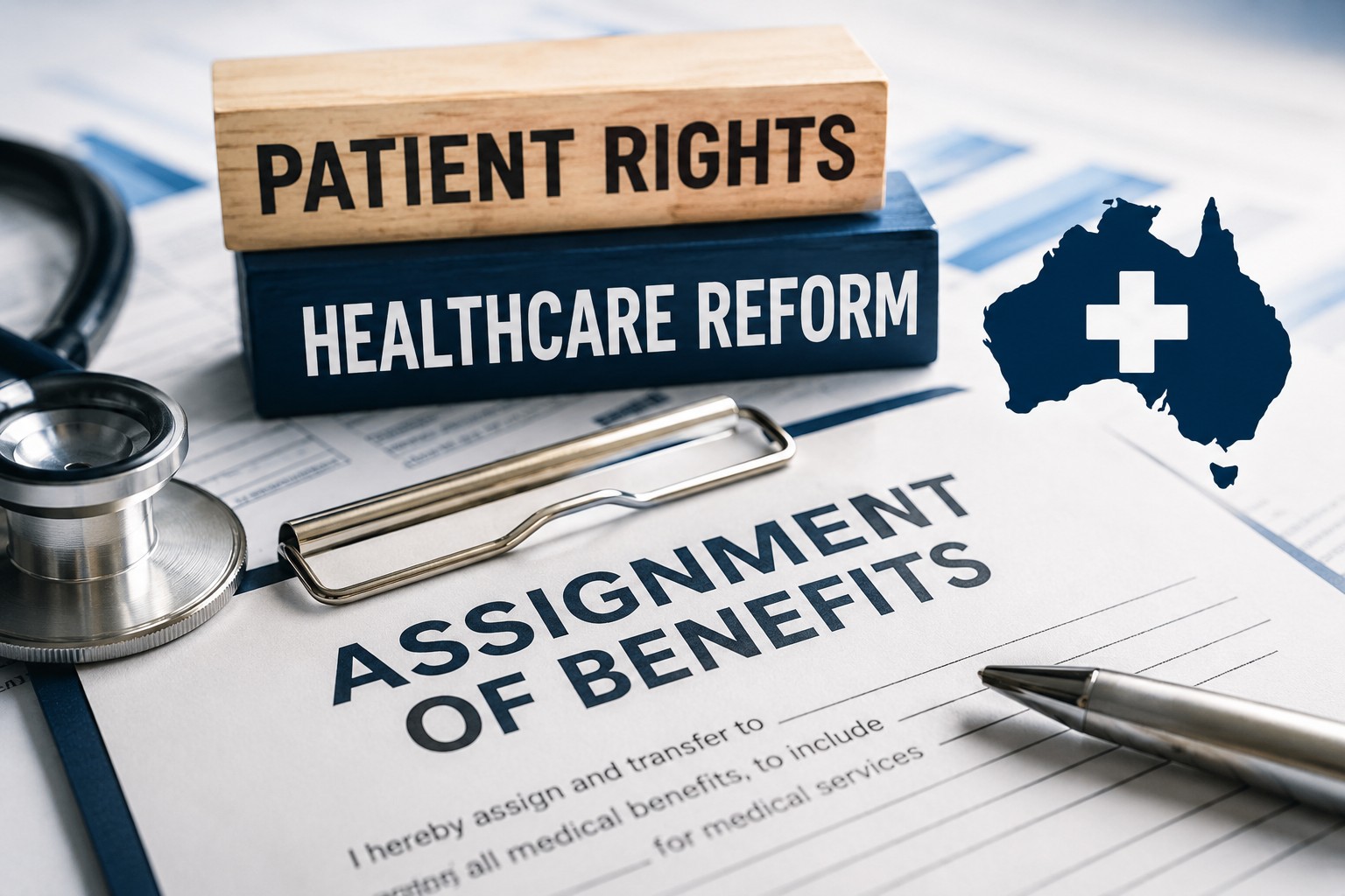 Assignment of Benefits form with healthcare documents, stethoscope and patient rights concept representing reforms to general practice funding and patient access in Australia.